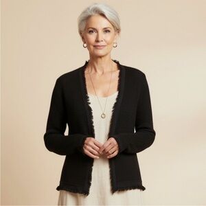 Eileen Fisher Silk Organic Cotton Black Fringe Cardigan Sweater Chanel S